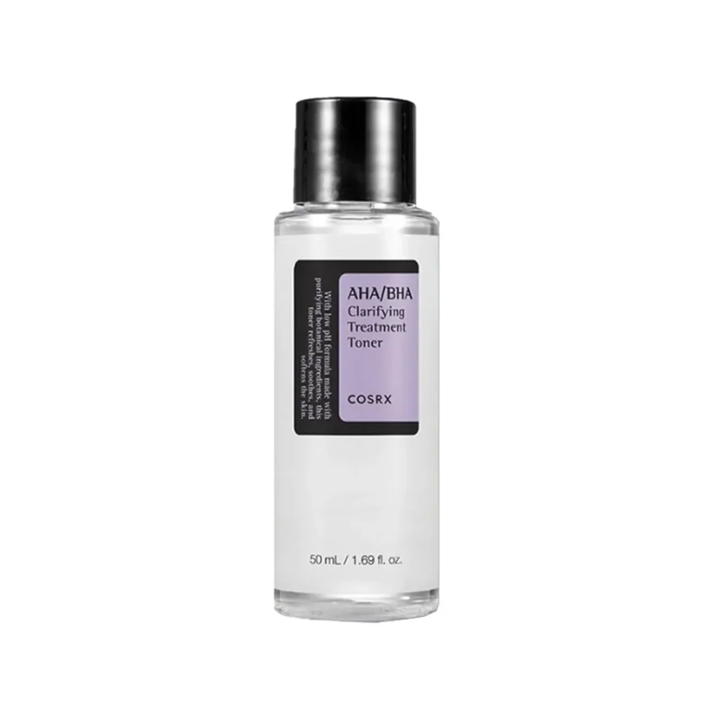 Semi-transparent COSRX AHA/BHA Clarifying Treatment Toner bottle with black spray nozzle on a light purple background with water droplets.