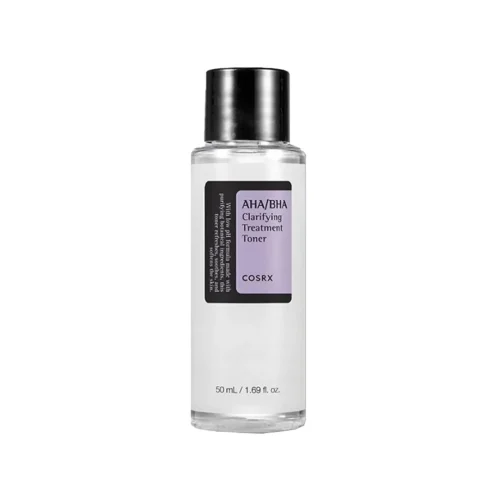 Semi-transparent COSRX AHA/BHA Clarifying Treatment Toner bottle with black spray nozzle on a light purple background with water droplets.