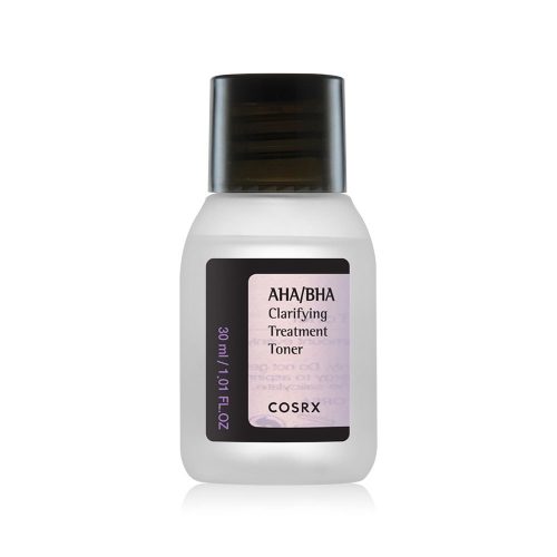 COSRX AHA/BHA Clarifying Treatment Toner 30ml semi-transparent bottle with black cap and rectangular label.