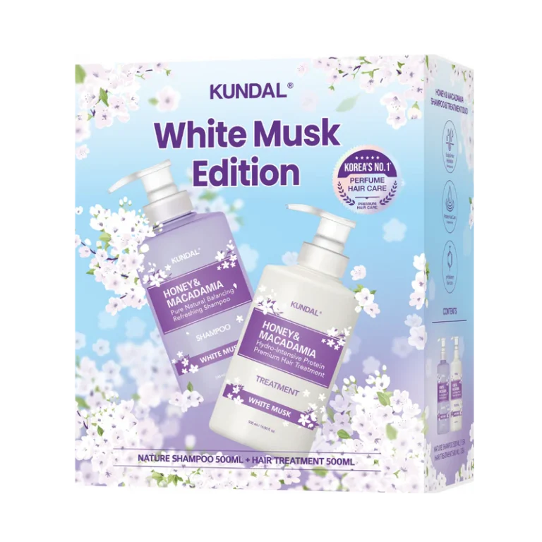 Kundal Honeya & Macadamia White Musk Edition Shampoo & Treatment bottles